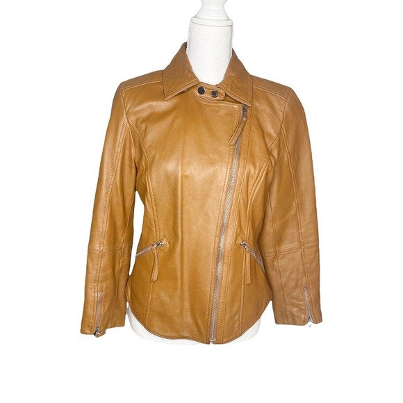 Twiggy of London Tan Leather Full Zip Moto Jacket Hipster Biker Punk Rock Small - Picture 2 of 12